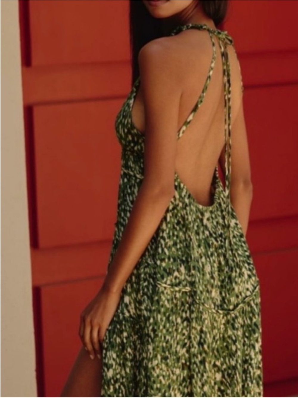 Anthropologie Green Patterned V-Neck Maxi Dress with High Slit - Picture 2 of 4